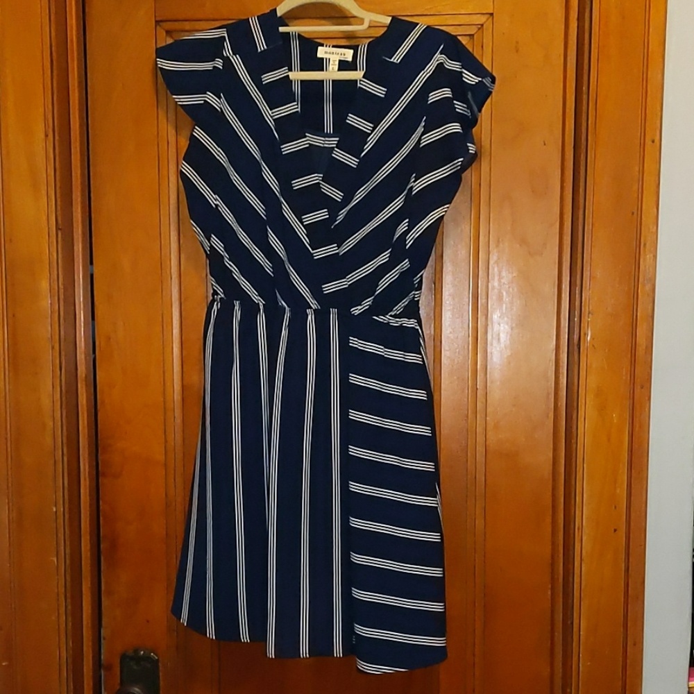 Navy and white faux wrap dress